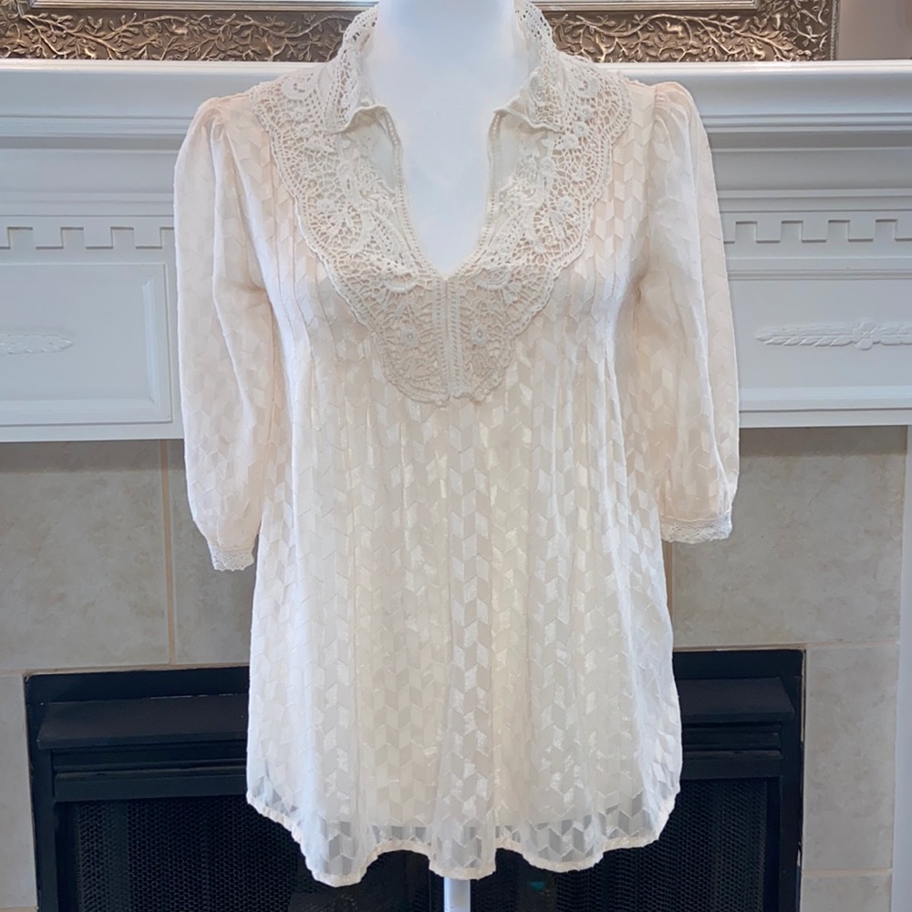 Paper Crane Cream Top with Lace Insert and Collar